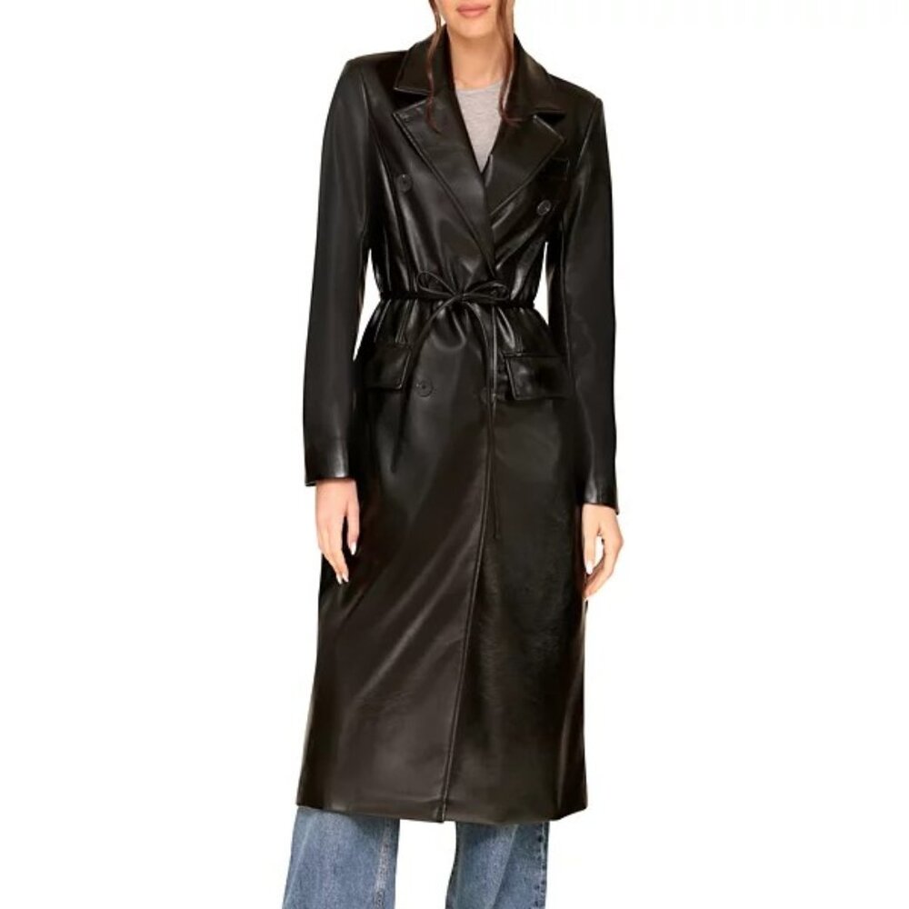 NWT Avec Les Filles Black Double-Breasted Belted Faux-Leather Trench Coat, Sz L